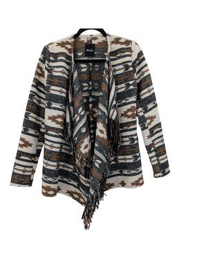 Southwestern Fringe Cardigan Open Front Western Boho Draped Knit Cowgirl Small